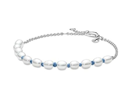 Pandora Unisex Sterling Silver Bracelet With White Freshwater Cultured Pearl And Blue Cord For Sale