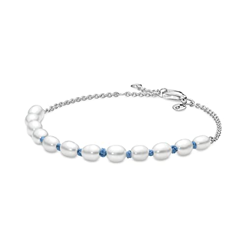 Pandora Unisex Sterling Silver Bracelet With White Freshwater Cultured Pearl And Blue Cord For Sale