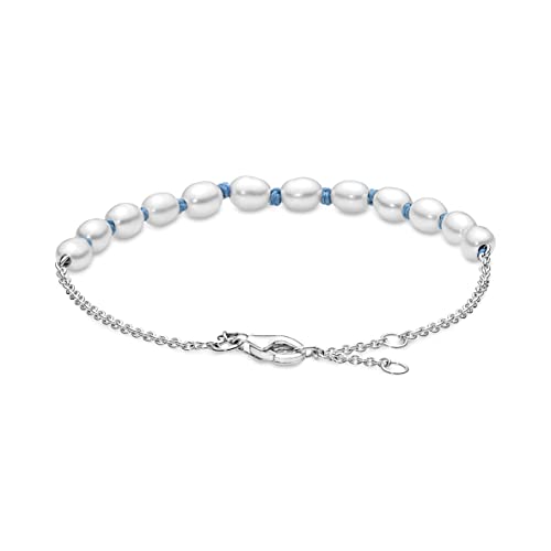 Pandora Unisex Sterling Silver Bracelet With White Freshwater Cultured Pearl And Blue Cord For Sale