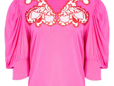 SOLID STRETCH WITH TRIM PIXEL BUTTERFLY EMB PUFF SLEEVES TOP Online Hot Sale