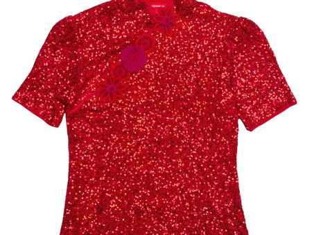 RED FLOWERS ELASTIC SEQUIN CHEONGSAM TOP For Cheap