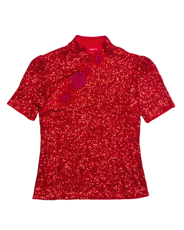 RED FLOWERS ELASTIC SEQUIN CHEONGSAM TOP For Cheap