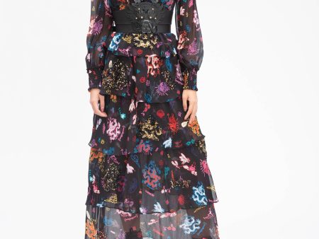 GRAFFITI DRAGON HIGH COLLAR BLACK RUFFLE SILK GOWN Online Sale