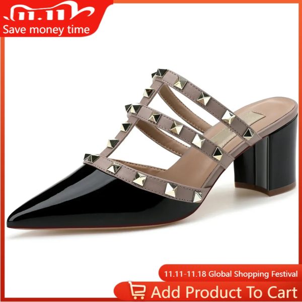 【Measure your feet length before order】Gladiator Women Thick High Heel Sandal Rivet Pointy Toe Fashion Prom Dress Shoe 68-CHC-33 Fashion