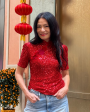 RED FLOWERS ELASTIC SEQUIN CHEONGSAM TOP For Cheap